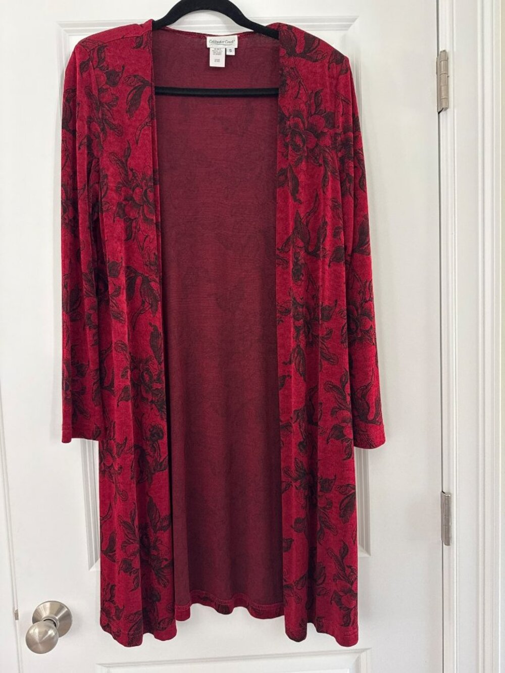 Coldwater Creek Dark Floral Long Duster Small USA Red Black Cardigan Whimsigoth